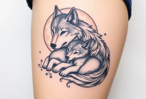 A mother wolf and her pup snuggled together, with soft gray and white fur details and a glowing full moon in the background, symbolizing fierce protection and guidance tattoo idea