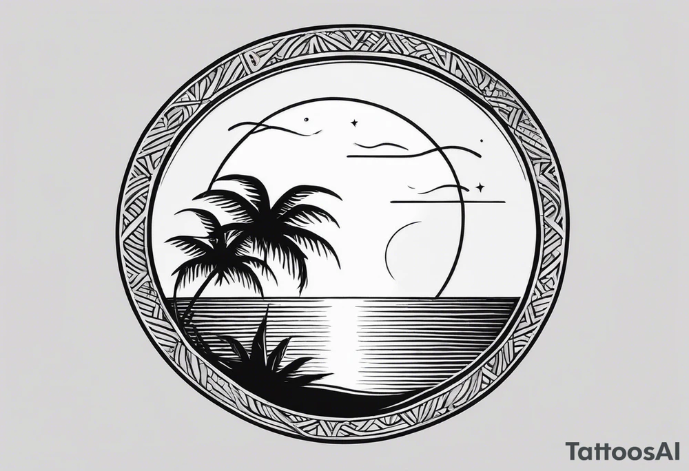 a minimalist tattoo of a sun and a palm tree with the words good vibes below it, make it only small and can fit in a circle tattoo idea