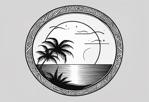 a minimalist tattoo of a sun and a palm tree with the words good vibes below it, make it only small and can fit in a circle tattoo idea