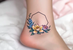 Leo sign, larkspur and water lily surrounded by a hexagon tattoo idea