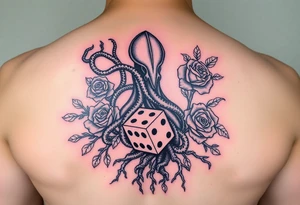 squid, knight intertwined with roses and tree roots rolling dice tattoo idea