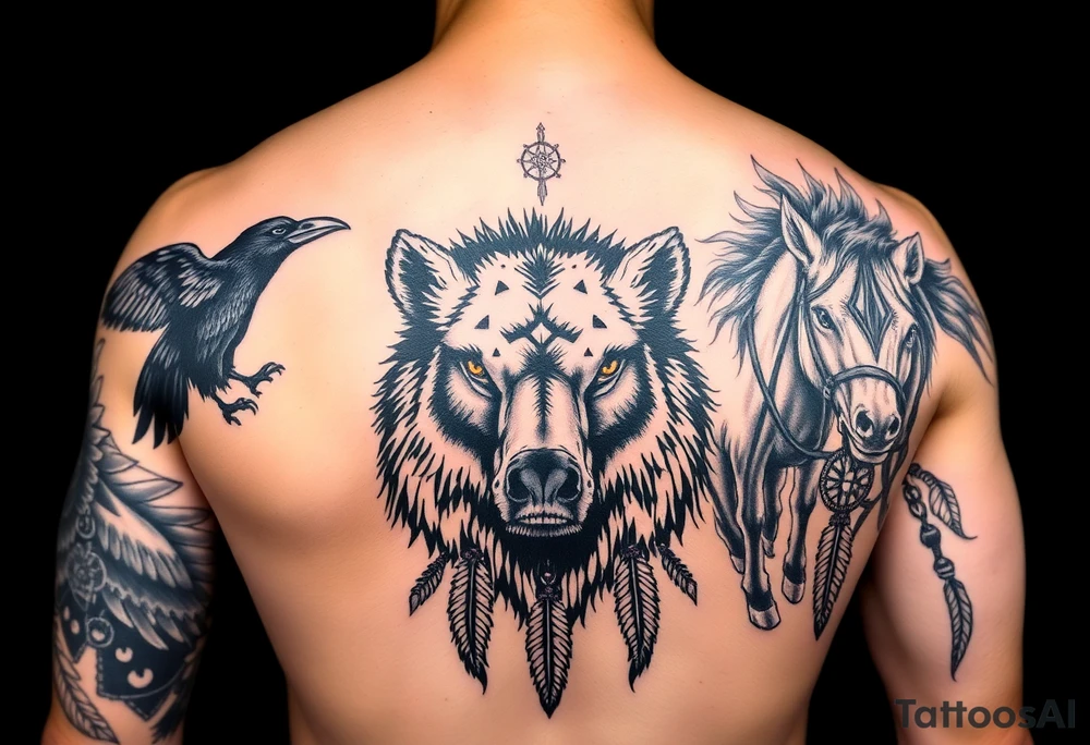 Native American 3/4 sleeve with black and grey realism featuring a raven, wild horses, a grizzly with scars over his eyes, and a dream catcher tattoo idea