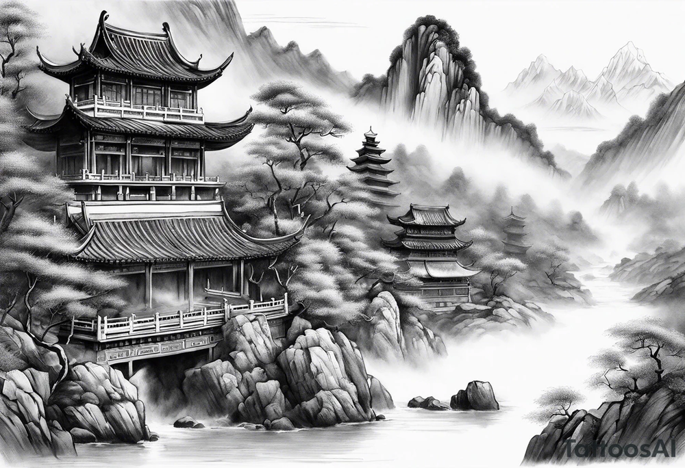 forearm sleeve traditional chinese art painting style autumn mountains mist fog water Chinese temple 2 male monks wearing robes seated drinking tea tattoo idea