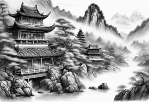 forearm sleeve traditional chinese art painting style autumn mountains mist fog water Chinese temple 2 male monks wearing robes seated drinking tea tattoo idea