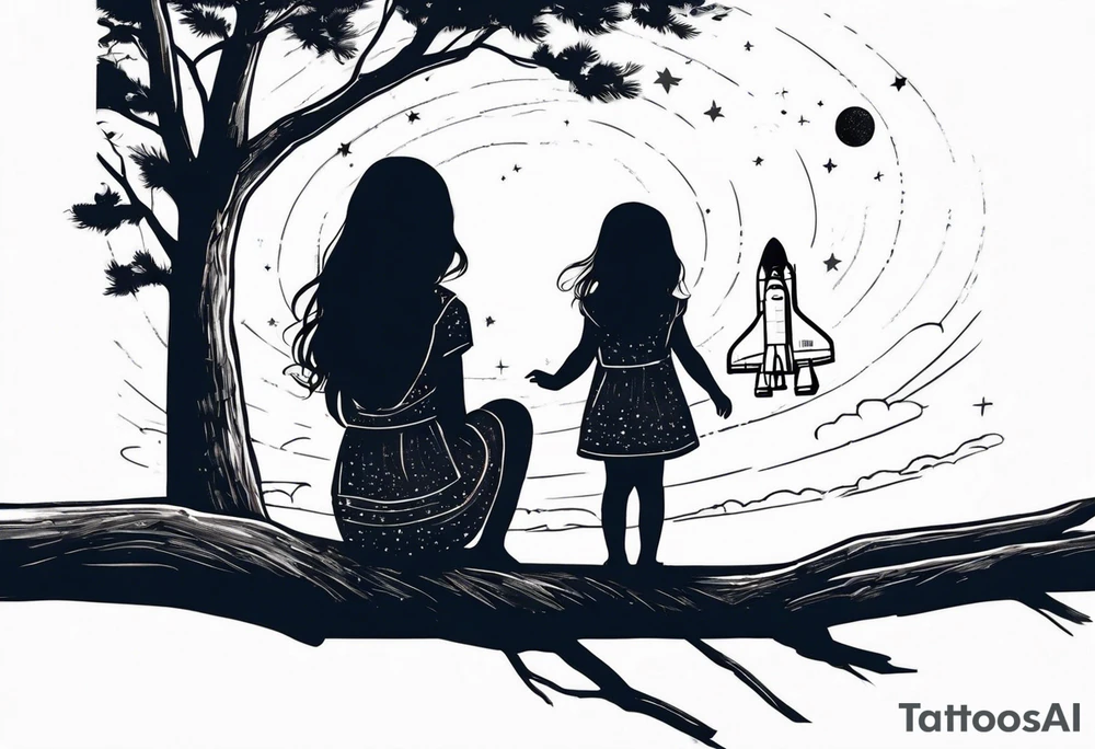 back of small girl in dress with long hair sitting on a tree branch watching a space shuttle launch in the distance, scene set within an owl tattoo idea
