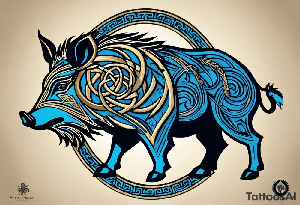 Side profile, Celtic, tribal, wild boar, On a Chatwin family crest with blue background, two gold stars, and a gold Chevron, and a Thistle. With bold black tribal lines. ancient Celtic, tribal boar tattoo idea