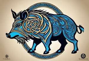 Side profile, Celtic, tribal, wild boar, On a Chatwin family crest with blue background, two gold stars, and a gold Chevron, and a Thistle. With bold black tribal lines. ancient Celtic, tribal boar tattoo idea