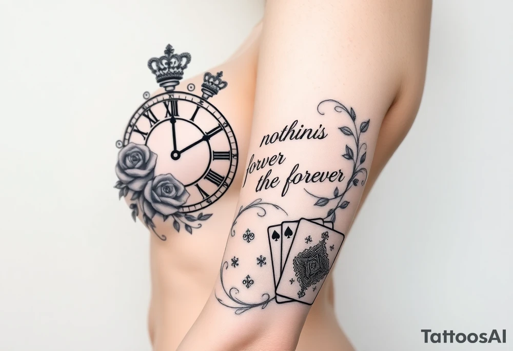 Roman clock with roses and a crown, a quote that says nothings forever. and on the bottom a deck of cards tattoo idea