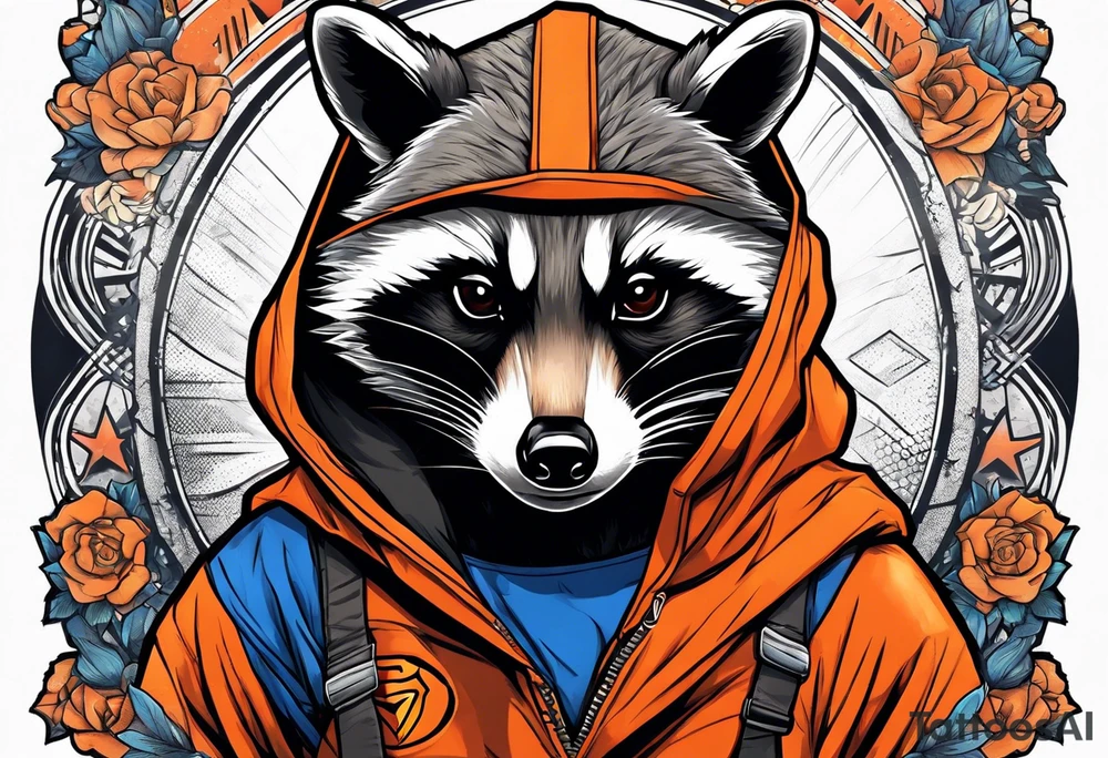 Raccoon wearing an orange Superman hoodie tattoo idea