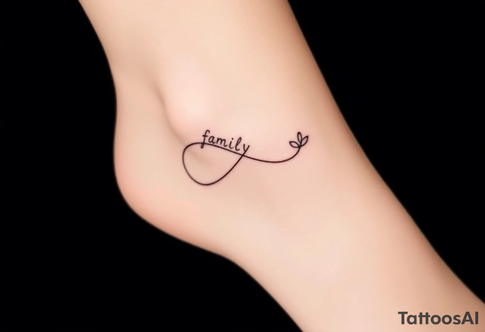 A minimalist infinity symbol composed of thin, intersecting lines, with the word "family" subtly incorporated along the curve in a contemporary font tattoo idea