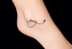 A minimalist infinity symbol composed of thin, intersecting lines, with the word "family" subtly incorporated along the curve in a contemporary font tattoo idea