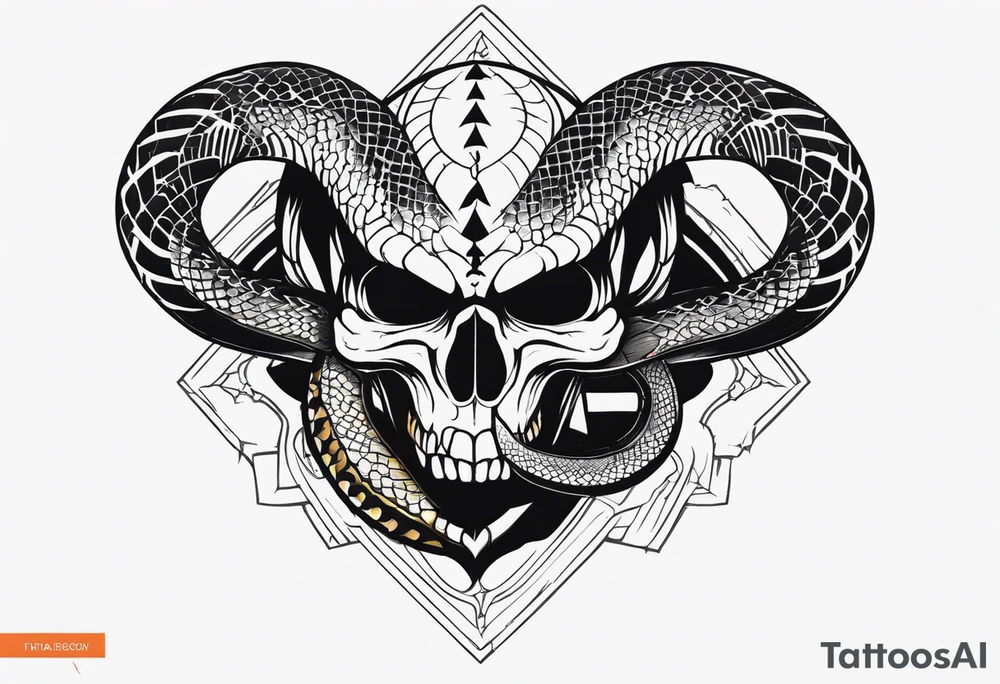 Aggresive Snake with skull, this design must be in a vertical vertical proportion. Also, the desing must be minimalistic not saturated. tattoo idea