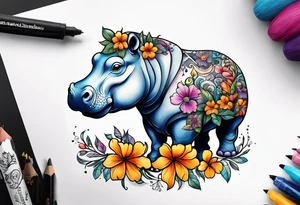 cute hippo with flowers tattoo idea