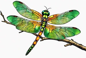 green and orange dragonfly on a twig tattoo idea