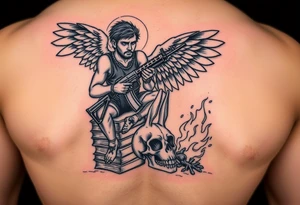 gangster angel sitting on a stack of bills, holding an AK47, watching a huge flame burning a stacked skull of a rabbit and a chicken. tattoo idea