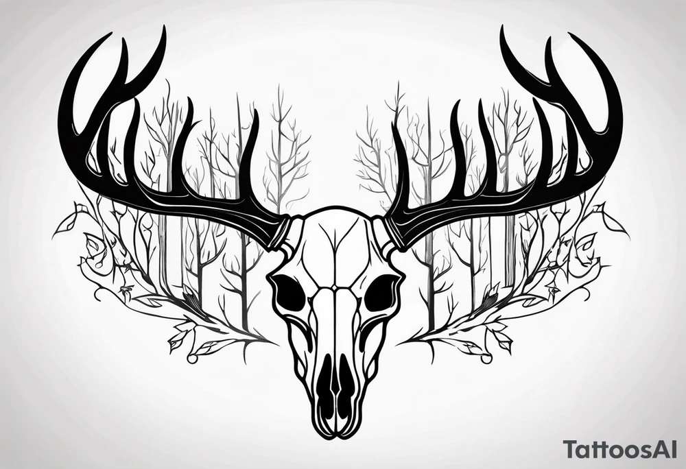 side photo of a deer skull JUST BONE surrounded by a flames and trees tattoo idea