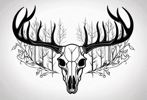 side photo of a deer skull JUST BONE surrounded by a flames and trees tattoo idea