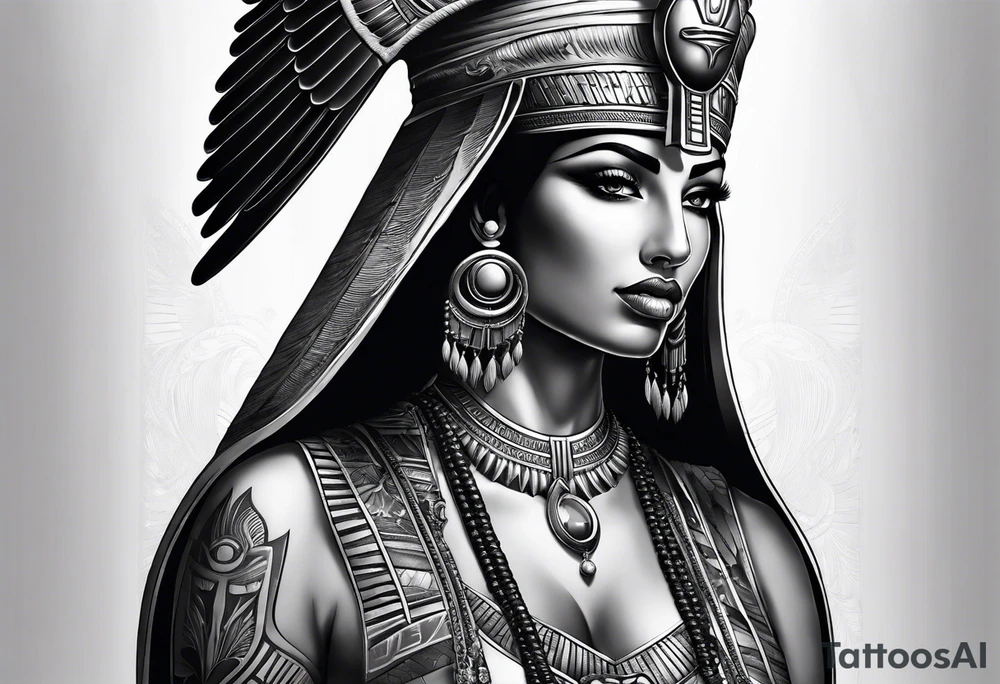 full body 
black and gray photo realistic goddess isis tattoo idea