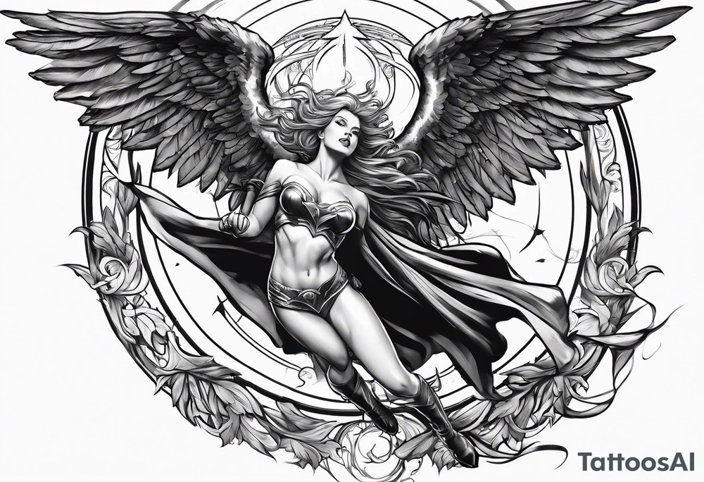 Angel in the pose of a superhero landing tattoo idea