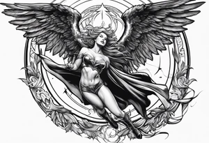 Angel in the pose of a superhero landing tattoo idea