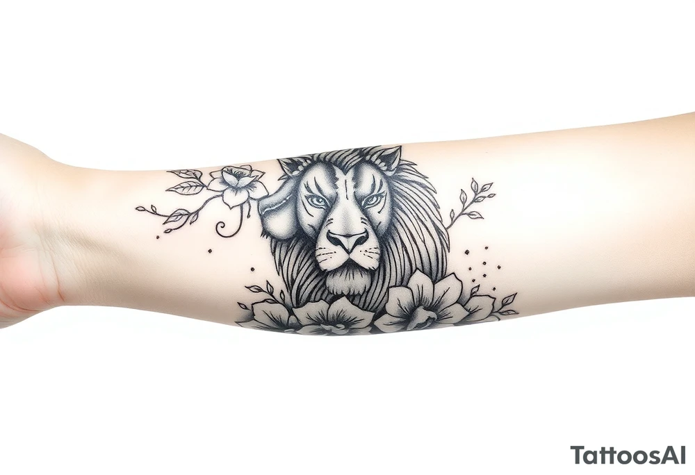 Forearm sleeve tattoo including lion clouds jasmine flower names dates covering the whole forearm tattoo idea