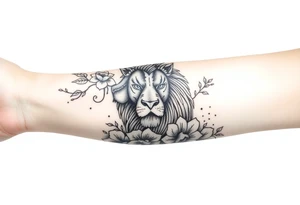 Forearm sleeve tattoo including lion clouds jasmine flower names dates covering the whole forearm tattoo idea