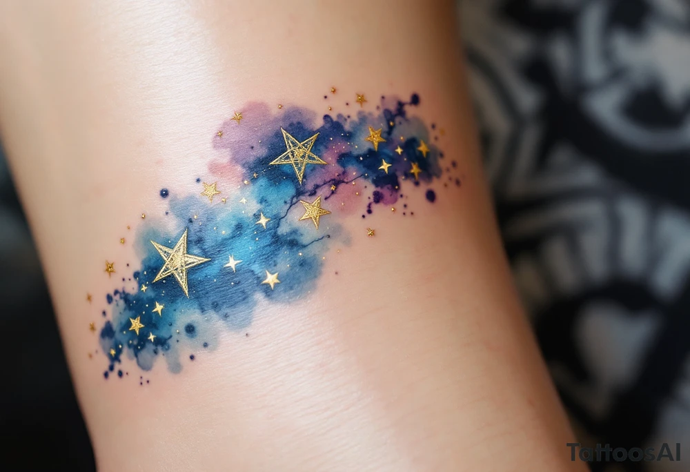 Capricorn stars inked in metallic gold, forming a delicate arc across a watercolor galaxy. tattoo idea