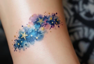 Capricorn stars inked in metallic gold, forming a delicate arc across a watercolor galaxy. tattoo idea