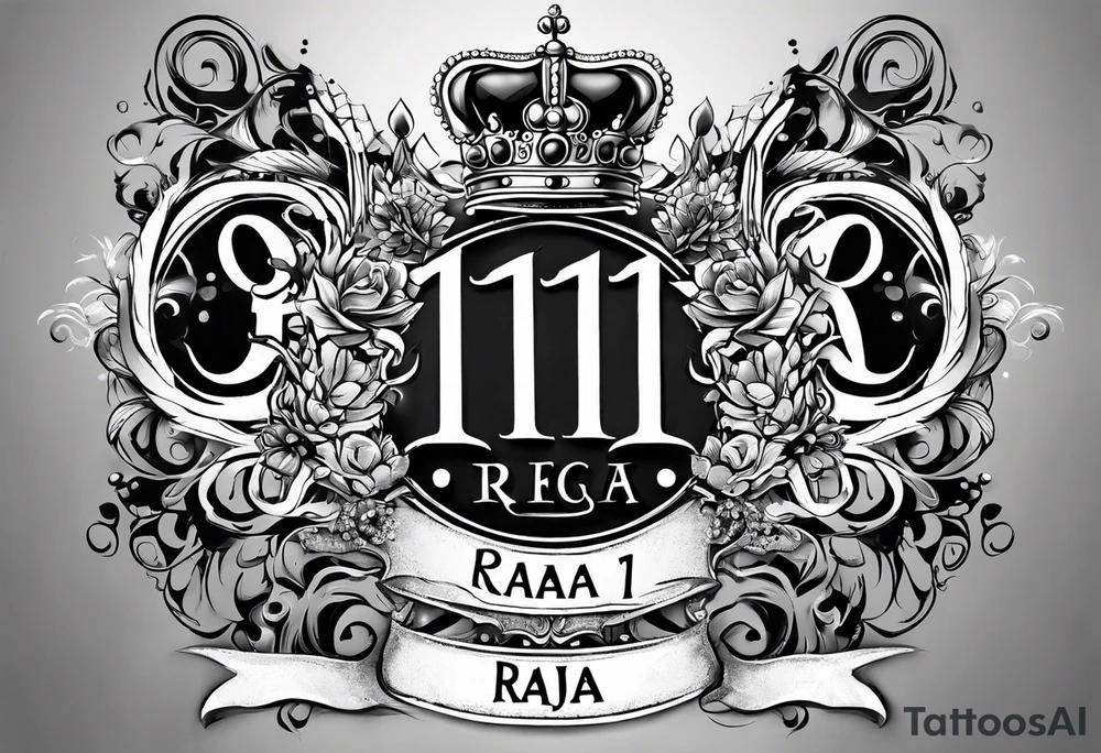 Kids names “Raaj” and “Reign” with the number 11 and crowns for their royalty tattoo idea
