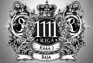 Kids names “Raaj” and “Reign” with the number 11 and crowns for their royalty tattoo idea