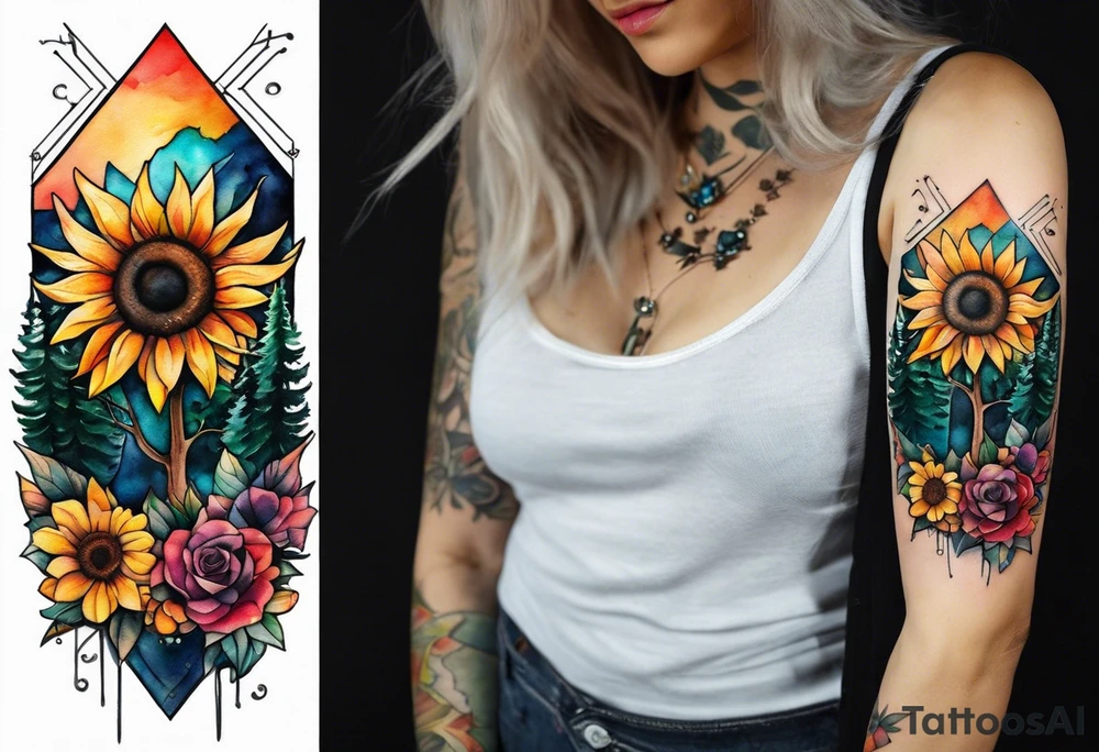 Watercolor inside arm tattoo, 4 inches. Black kite (Daya's name), nature (trees/flowers), rock/metal vibe (bold lines), sunflower. Bright colors! tattoo idea