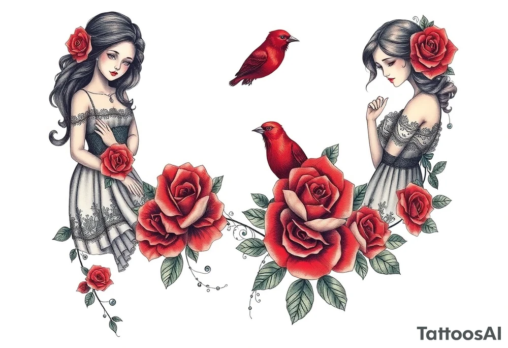 Vintage dollies, red roses, lace, red bird, no people, vintage tattoo idea