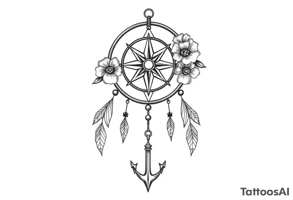 Boho dream catcher with compass and anchor Beautiful flowers and an ornamental chandelier like look tattoo idea