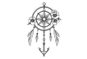 Boho dream catcher with compass and anchor Beautiful flowers and an ornamental chandelier like look tattoo idea