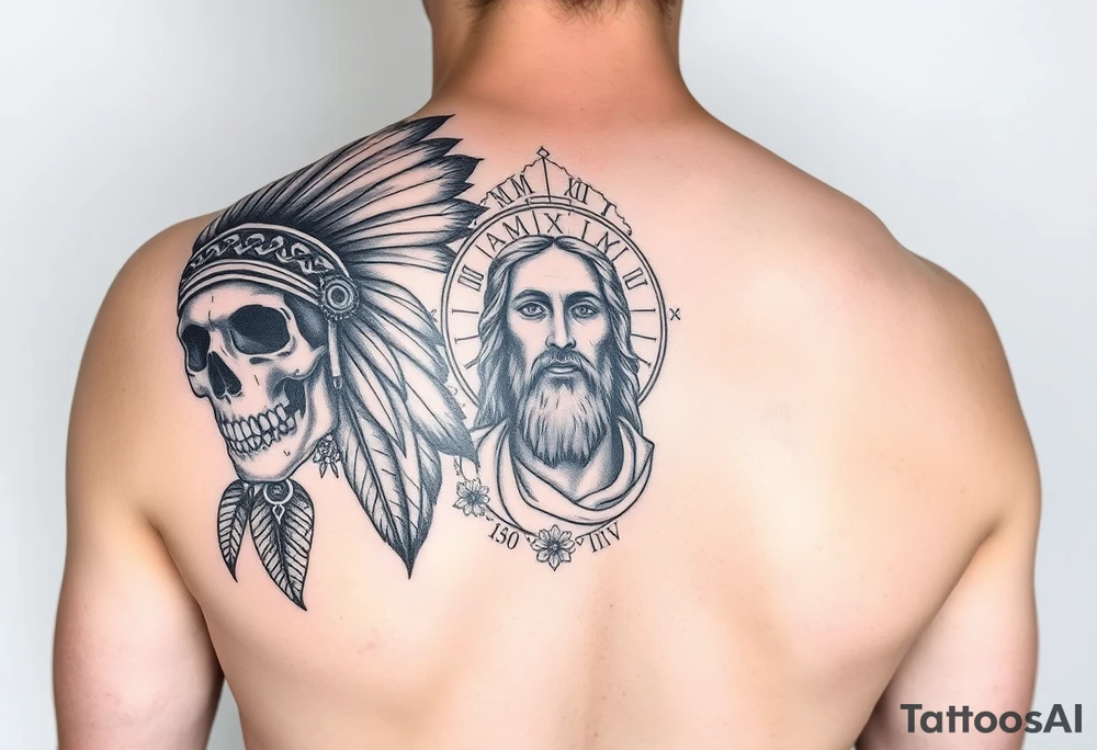 Arm sleeve tattoo. Starting at the shoulder black Indian headdress skull face with red strip war paint on left side of skull, Jesus Christ on forearm, floral background, MMXII and MMXIV on each side of Jesus. tattoo idea