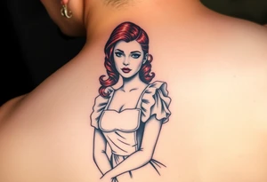 Traditional pin up girl with red hair and blue eyes and wearing a milkmaid maid style dress tattoo idea