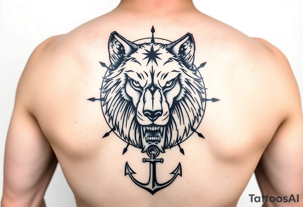 half wolf half bear that resembles a lion surrounded by a compass with a small anchor on bottom. for sleeve tattoo idea