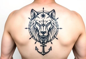 half wolf half bear that resembles a lion surrounded by a compass with a small anchor on bottom. for sleeve tattoo idea