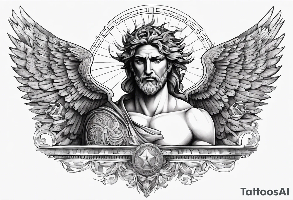 full chest tattoo with wings on shoulders with a greek god in the middle with shading tattoo idea