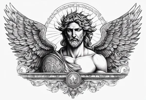 full chest tattoo with wings on shoulders with a greek god in the middle with shading tattoo idea