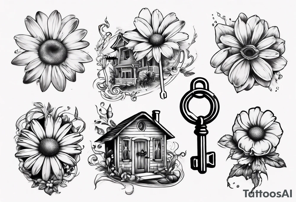 Daisy and house and lock key tattoo idea