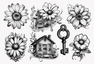 Daisy and house and lock key tattoo idea
