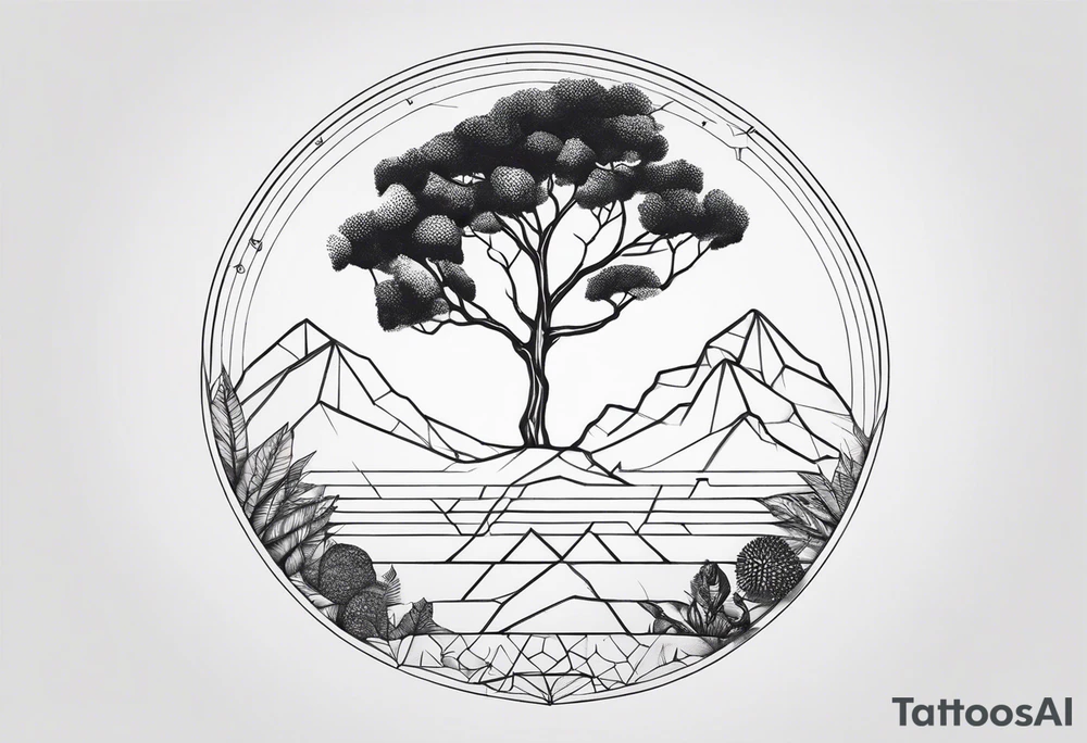 tattoo fine line, contendo árvore da vida, símbolos geométricos, textos em latim sobre força e coragem, DNA tattoo idea