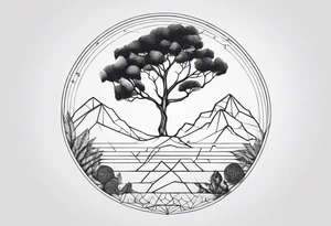 tattoo fine line, contendo árvore da vida, símbolos geométricos, textos em latim sobre força e coragem, DNA tattoo idea