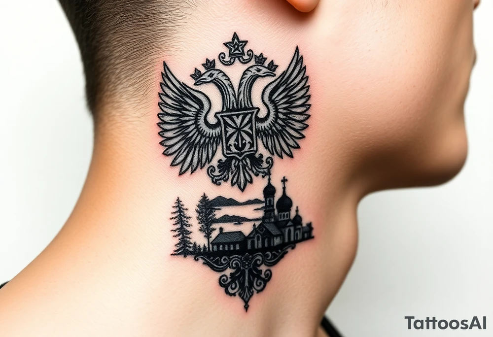 Traditional authentic Russian coat of arms with double headed eagle & a well shaded Christian orthodox virgin marry crest in the middle with silhouette of a lake in a Russian wilderness Christian orthodoxy dome church village setting on the side of my neck tattoo idea