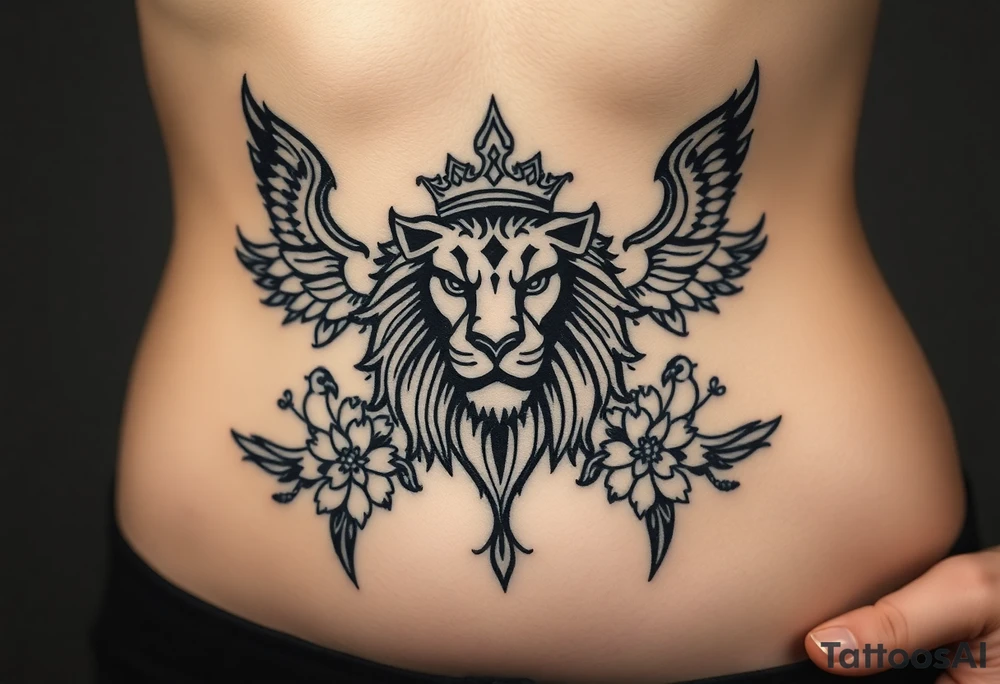 powerful majestic lion with a crown, surrounded by floral ornaments and birds tattoo idea