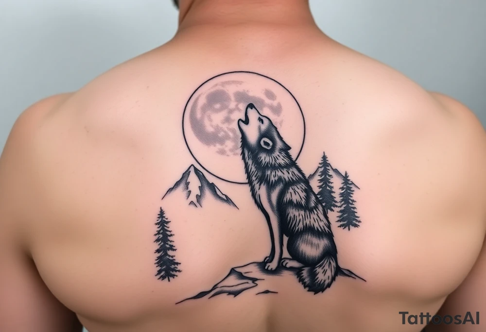 lone wolf howling at full moon with northern lights backdrop tattoo idea