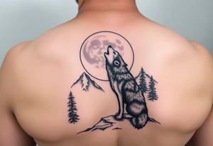 lone wolf howling at full moon with northern lights backdrop tattoo idea
