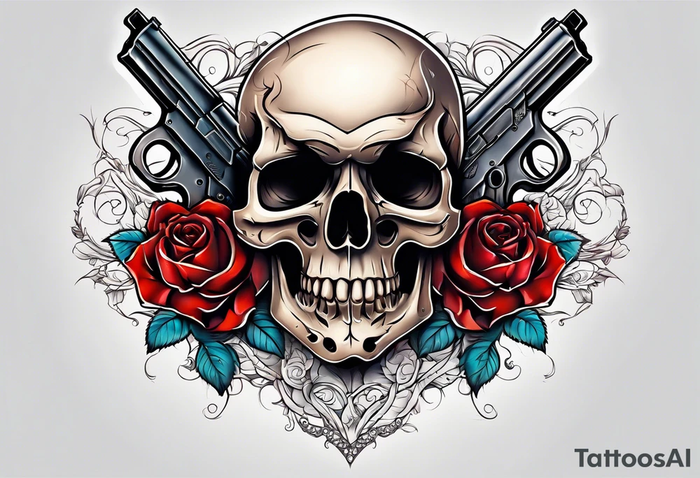 skull with a gun a  rose and a heart tattoo idea