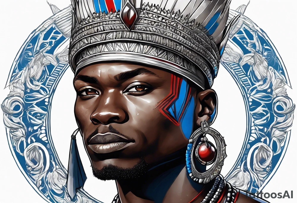 Black-skinned bald african warrior. He wears a simple and small silver crown. He wears two simple necklaces: one blue, other red. tattoo idea